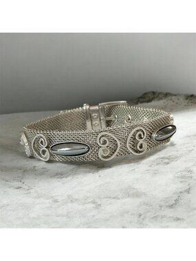 Silver Mesh Bracelet With  Hematite Stones & Scroll Design Adjustable 6-7 Inches